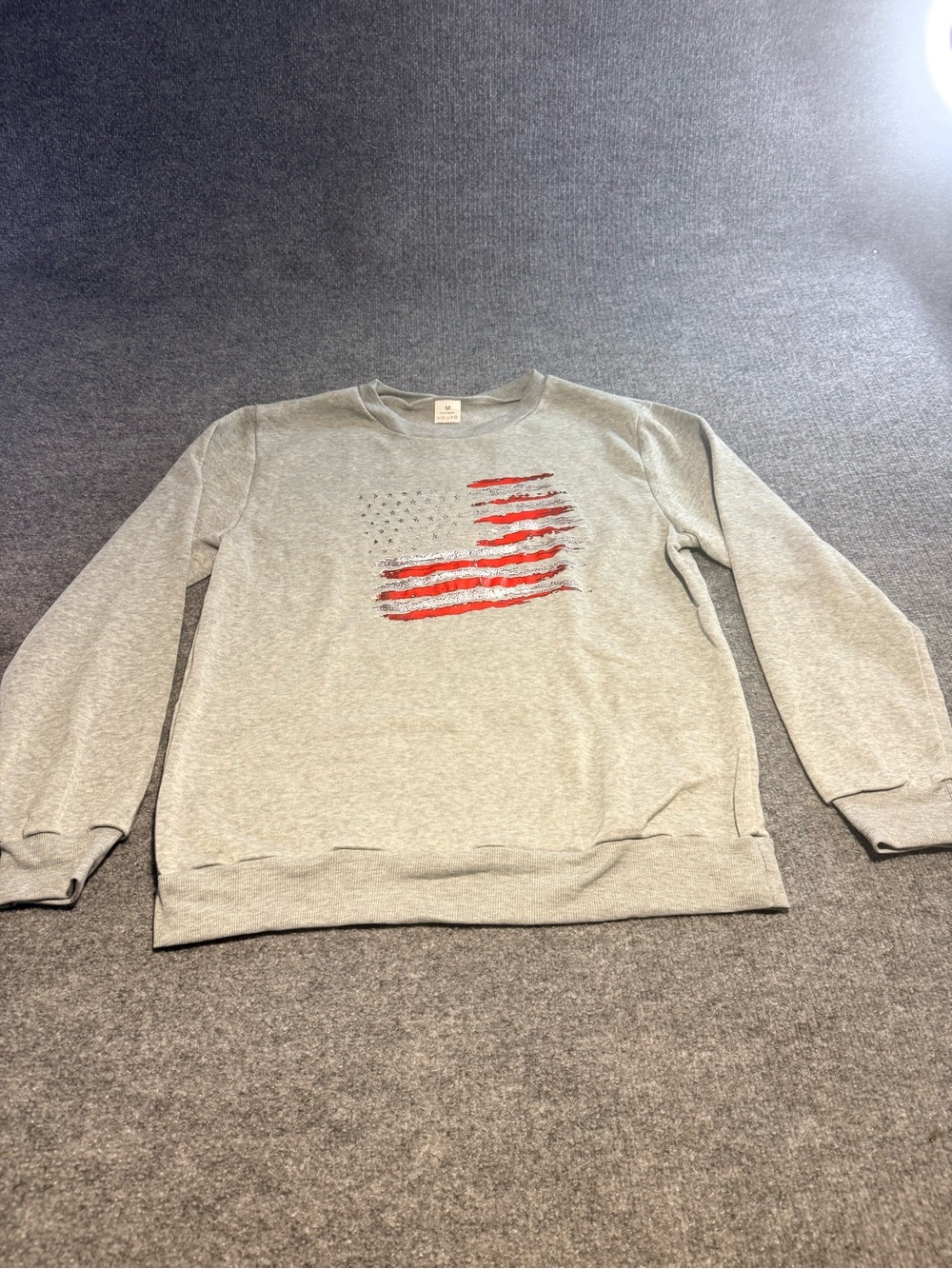 Heather Gray Crewneck Sweater with Distressed Flag Graphic